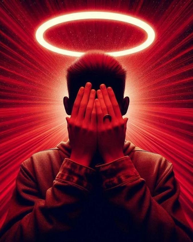 a man covering his face in front of a red background with an angel halo above him