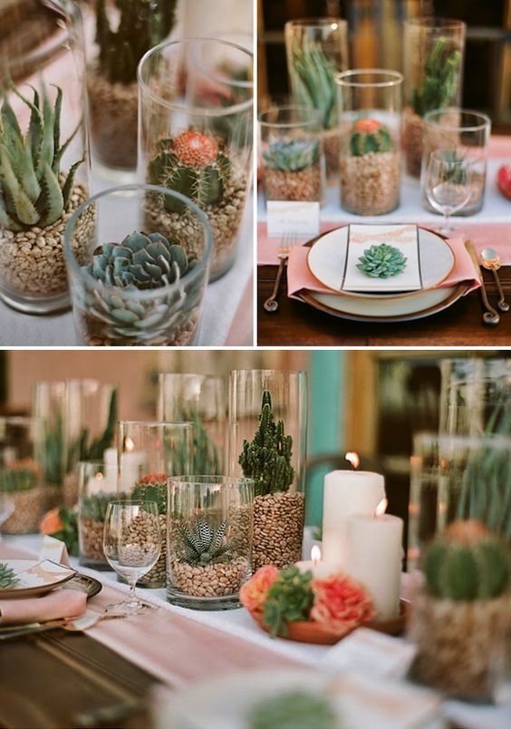 an image of a table setting with succulents in glass vases and candles