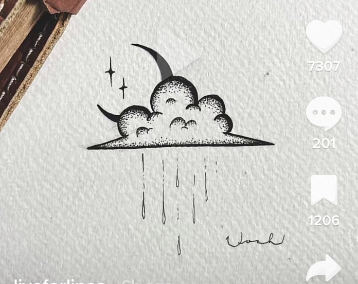 an ink drawing of a cloud with rain coming from it