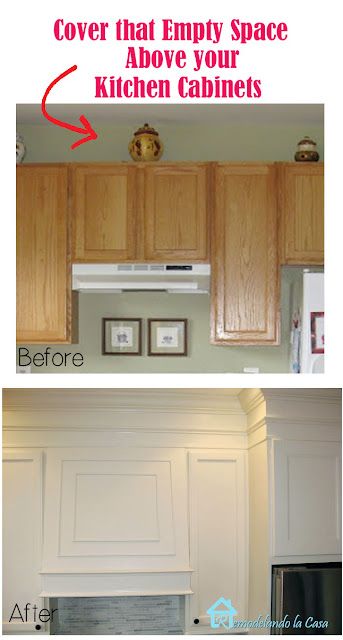 the before and after pictures of an empty space above kitchen cabinets