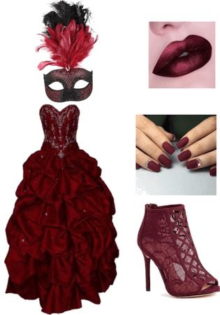 a collage of red and black accessories including a masquerade, lipstick, high heeled shoes