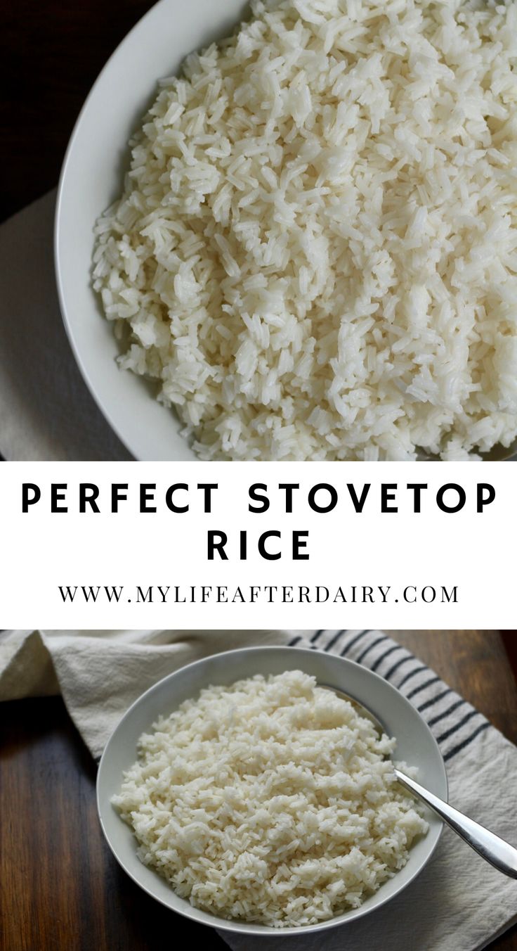 rice in a white bowl with the words perfect stovetop rice on top and below