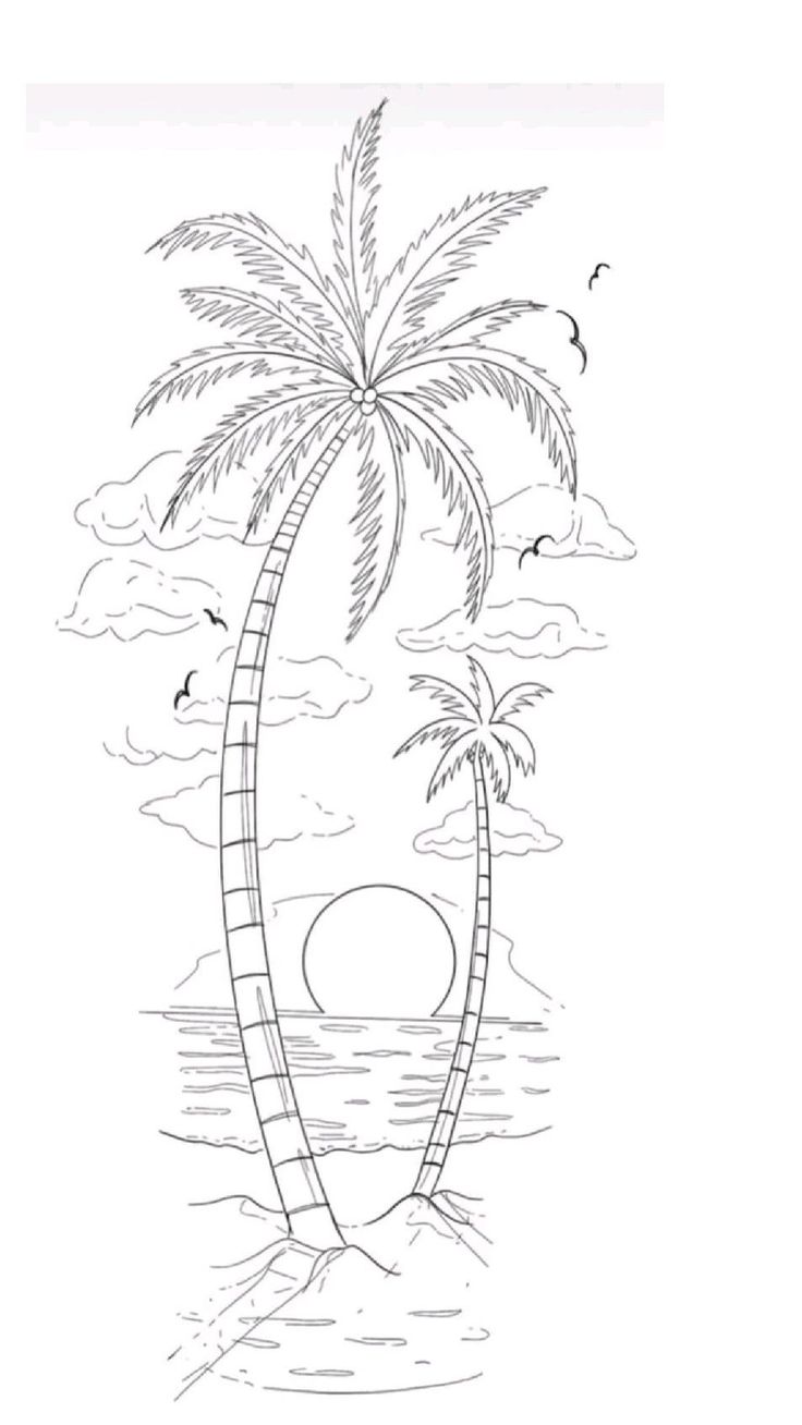 a drawing of a palm tree on the beach