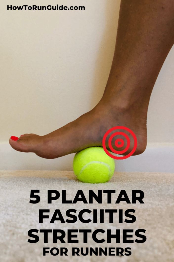 a person standing on top of a tennis ball with their foot in the air and text that reads, 5 plantar fascits stretches for runners