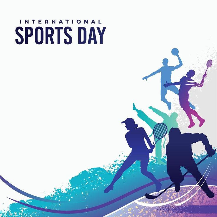 the silhouettes of tennis players are depicted in this international sports day poster, as well as an abstract wave background