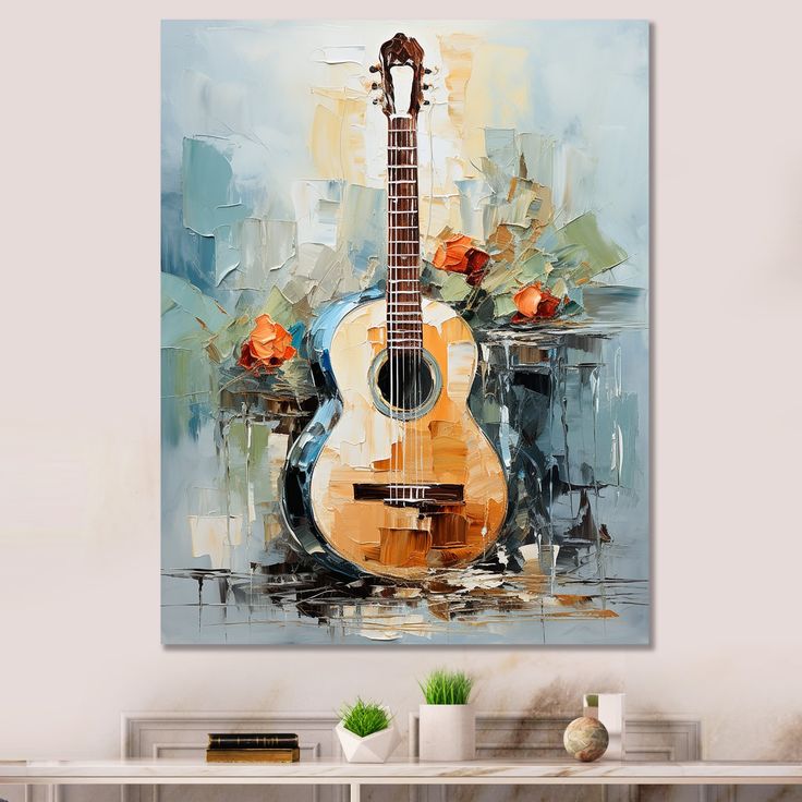 an abstract painting of a guitar with roses on the top and bottom, against a white wall