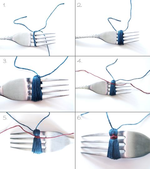 four pictures showing the steps to make a fork sculpture with forks and strings attached to it