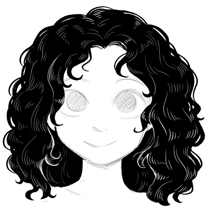 a black and white drawing of a girl with curly hair