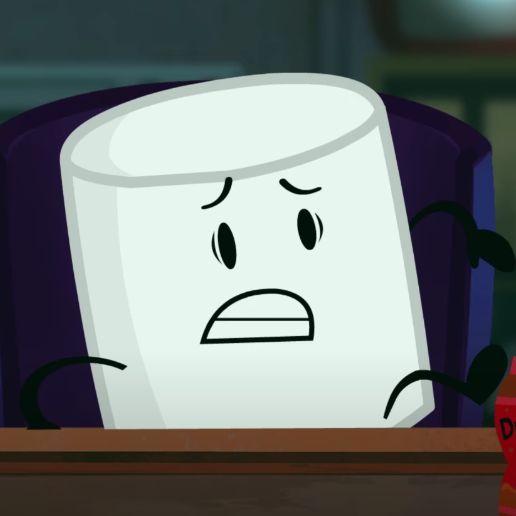 a cartoon character sitting in front of a red fire hydrant with his eyes closed