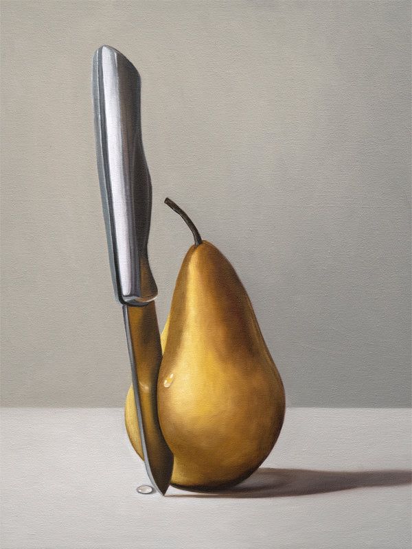 a painting of a pear with a knife sticking out of it's side, on a white surface