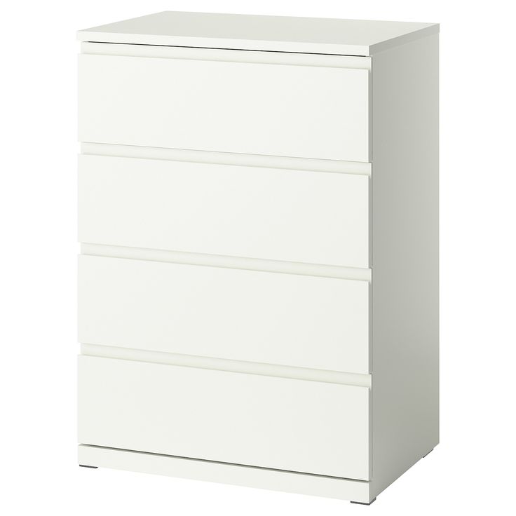 a white dresser with three drawers on the bottom and one drawer in the middle, against a white background