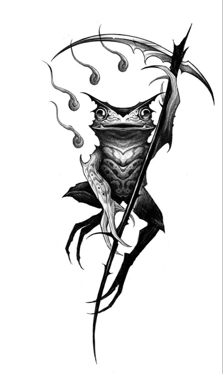 a black and white drawing of a frog with a spear in it's mouth