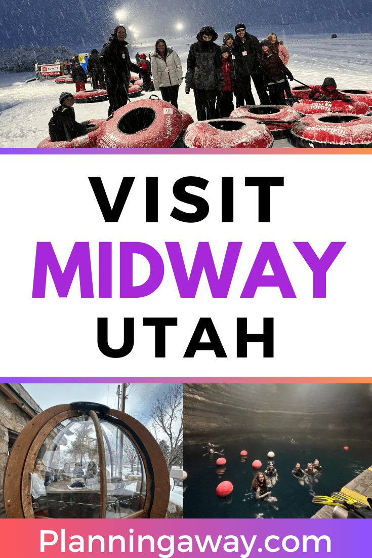 the words visit midway utah with images of people on snow covered ground and inflatable rafts