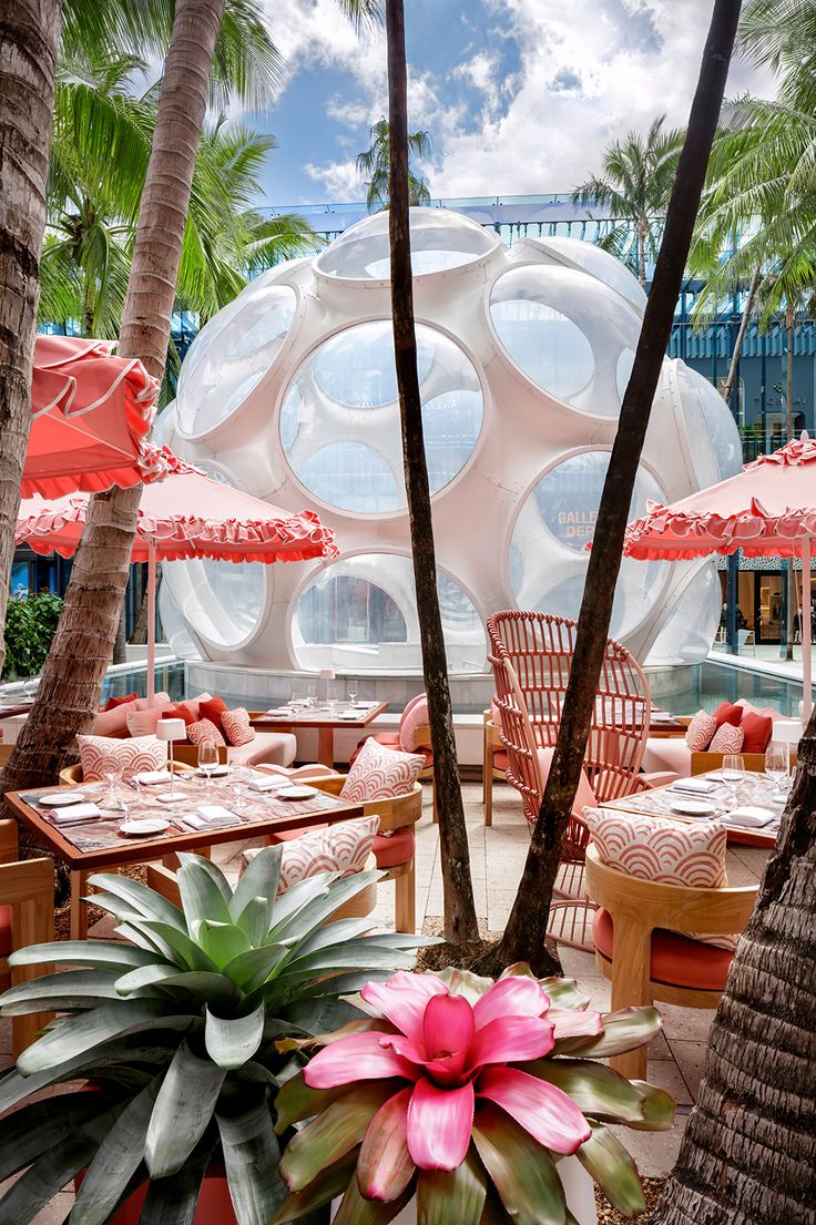 an outdoor dining area with tables, chairs and umbrellas in front of palm trees