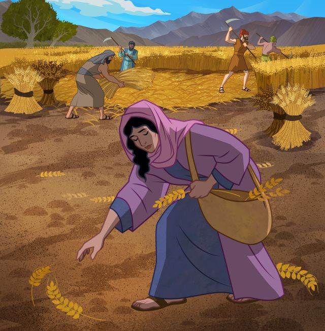 an animated image of a woman in a purple dress picking wheat from a field with other people behind her