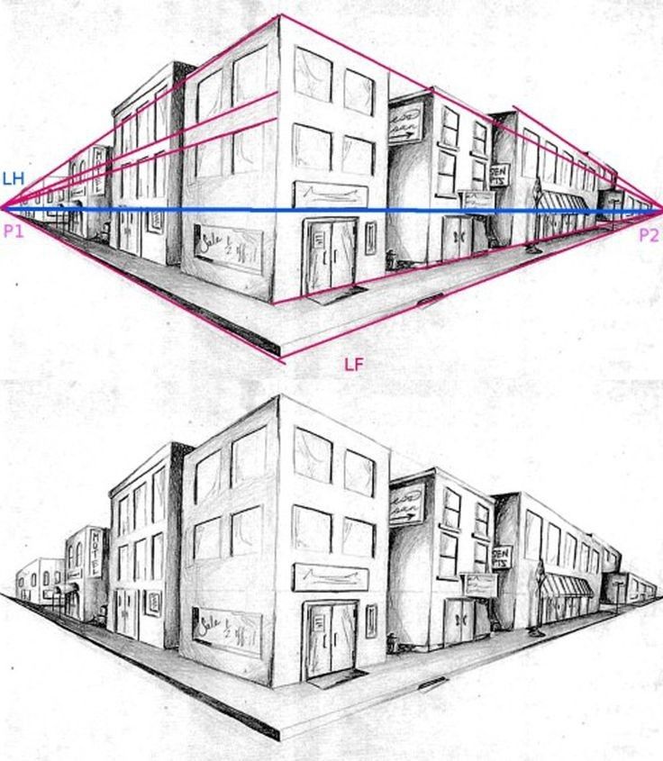 two drawings of buildings with different angles and lines on the front, back and side