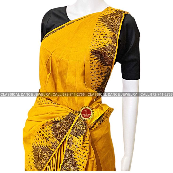 Classical Dance Jewelry Yellow Handloom Pre-draped Saree For Navratri, Traditional Cotton Silk Pre-draped Saree For Puja, Yellow Handloom Blouse With Traditional Drape, Cotton Pre-draped Saree For Puja During Navratri, Traditional Block Print Cotton Silk Pre-draped Saree, Semi-stitched Cotton Blouse Piece With Pallu, Yellow Cotton Silk Pre-draped Saree With Unstitched Blouse, Bollywood Style Cotton Pre-draped Saree For Puja, Festive Cotton Pre-draped Saree With Block Print