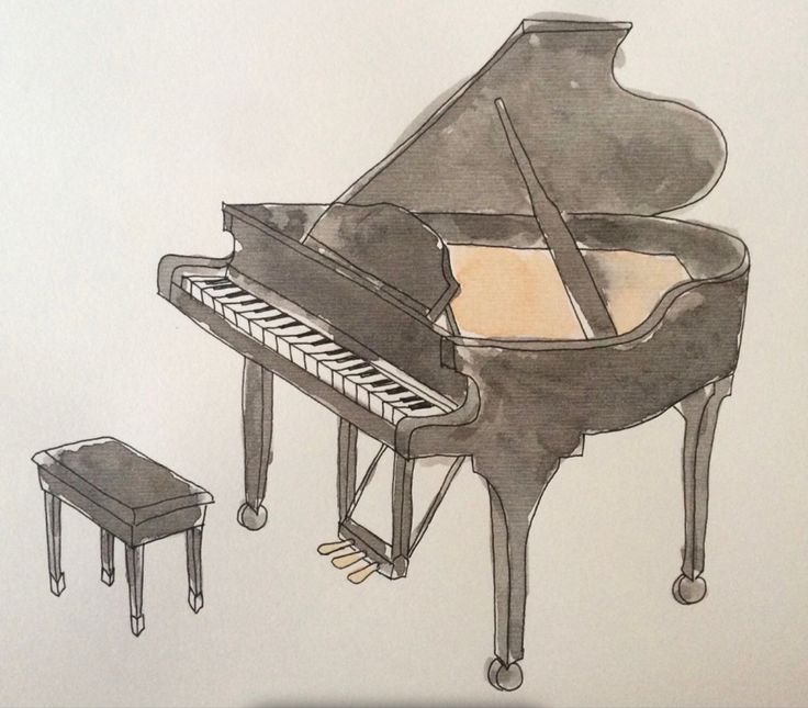 a drawing of a grand piano and stool