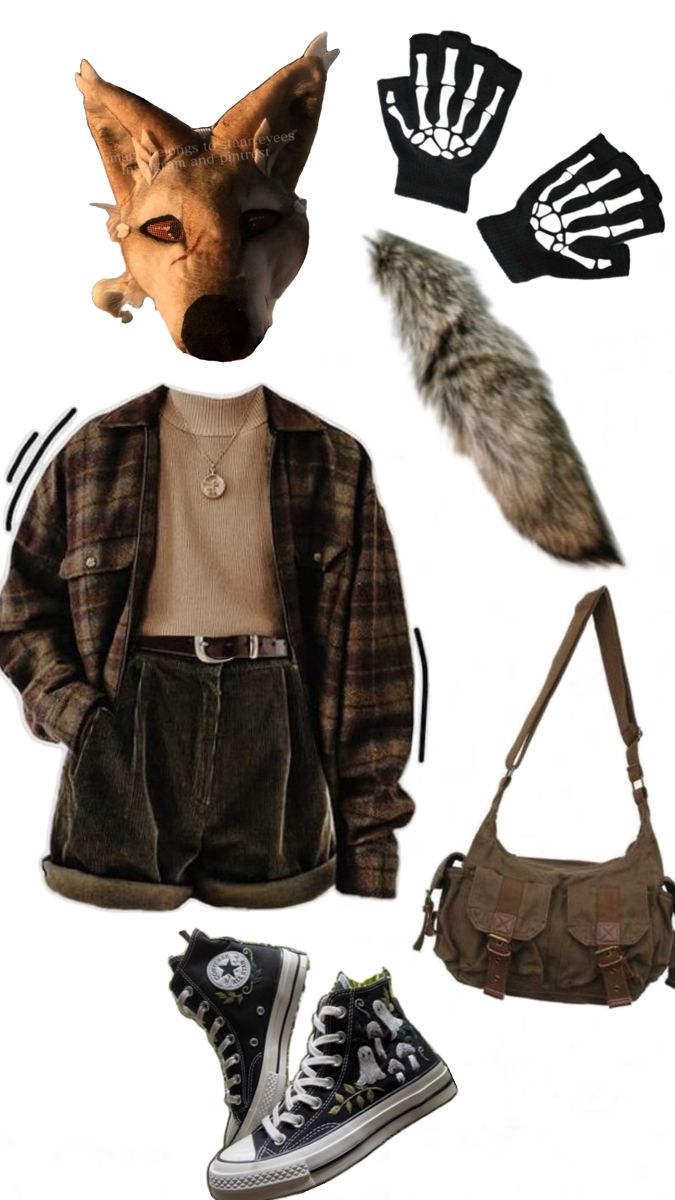 a collage of clothing and accessories including an animal's head