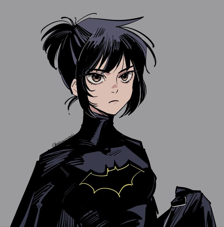 an anime character with black hair wearing a batman costume