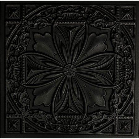 a black square tile with an intricate flower design on the center and sides, surrounded by decorative elements