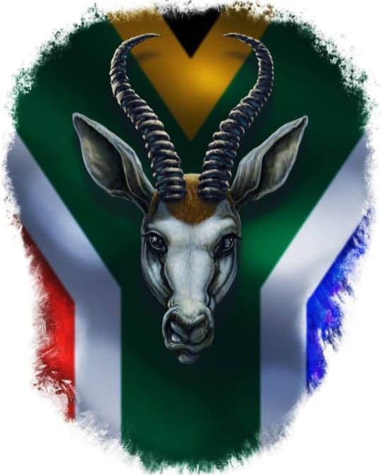 an animal with long horns standing in front of a flag