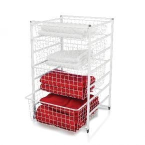 three red boxes stacked on top of each other in a white wire rack with wheels