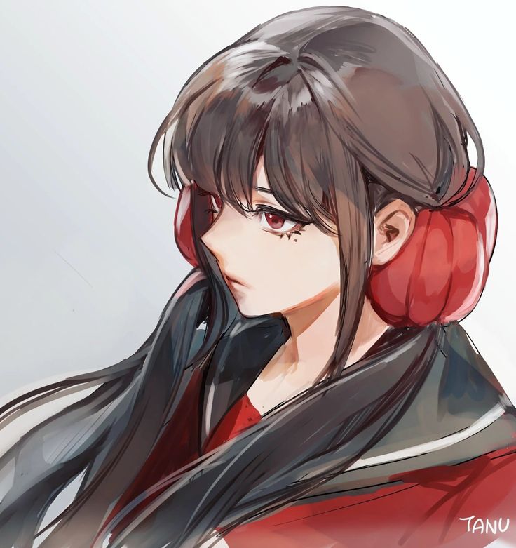 an anime character with long black hair and red headphones on his ears, looking to the side