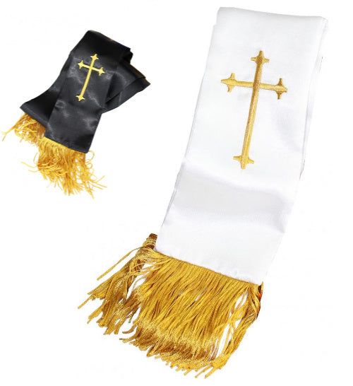 REGAL ROBES CHURCH STOLE Fringed church stole. This smart and elegant "stole" that is reversible. Solid on one side and a woven cross on the reverse side Can be worn by both women and men Stole is shipped in a gift box gold fringes accent the end of the stole Details: Fabric - Satin Measurements - 93" long by 4" wide Church Robes, Graduation Robes, Choir Robes, Clergy Women, Clergy Robes, Woven Cross, Church Choir, Gold Fringe, Chloe Drew