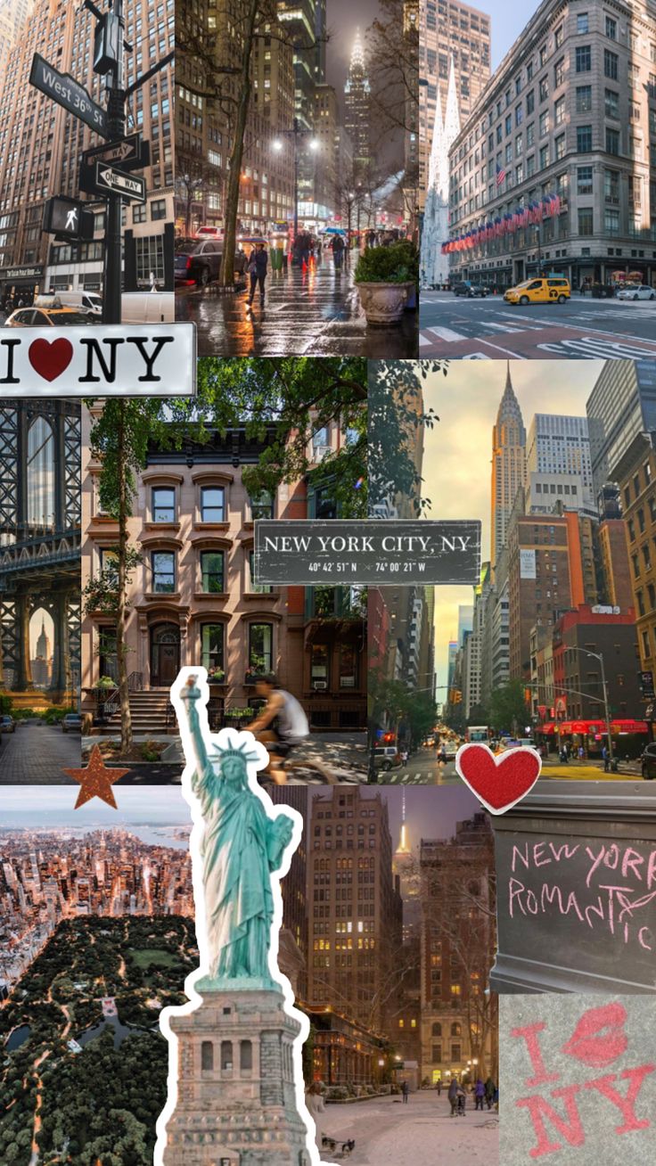 new york city collage with the statue of liberty and i love ny written on it