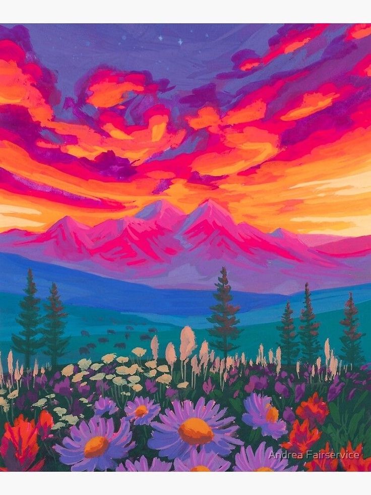 a painting of colorful flowers and mountains in the distance with stars above them at sunset