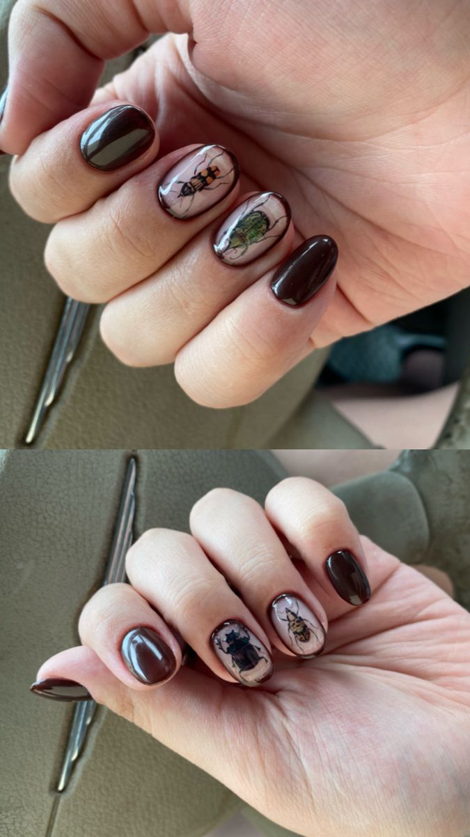 Brown bug nails Bug Nails, Mens Nails, Band Nails, Hello Nails, Short Gel Nails, Punk Nails, Grunge Nails, Crazy Nails, Pretty Gel Nails