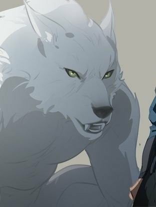 an anime character is standing next to a white wolf