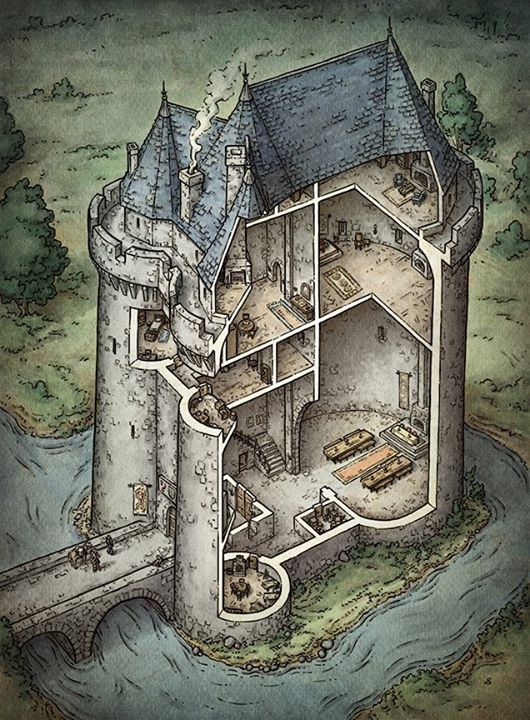 an illustration of a castle in the middle of water