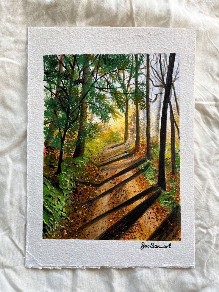 a painting of a path in the woods