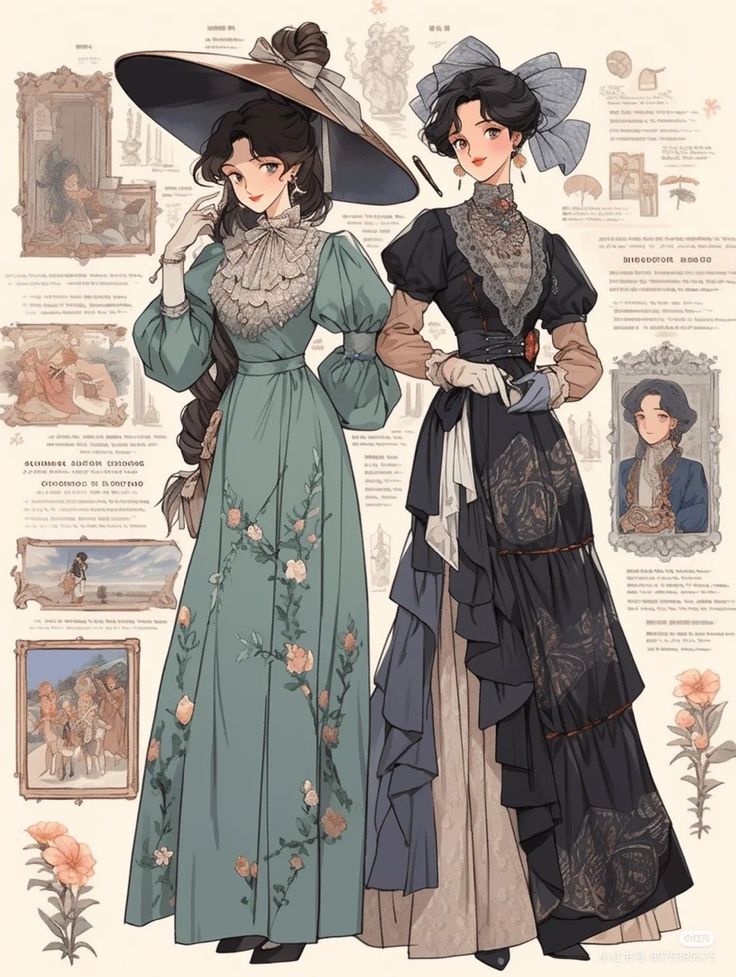 two women in dresses and hats standing next to each other