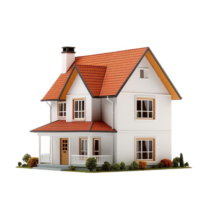 a model house with red roof and white walls on an isolated white background stock photo