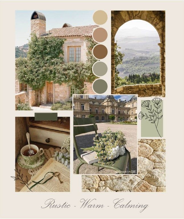 a collage of photos with an old house in the background and greenery on the other side