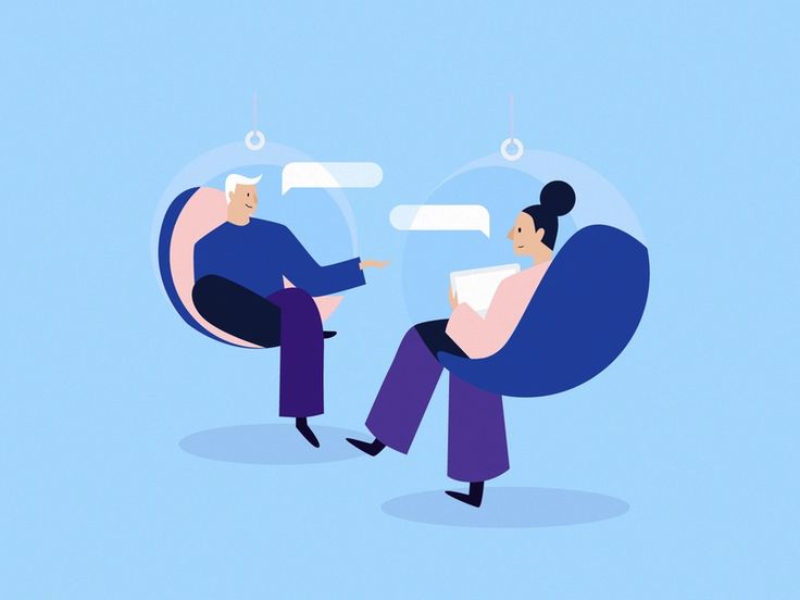 two people sitting on bean bags talking to each other with speech bubbles above their heads