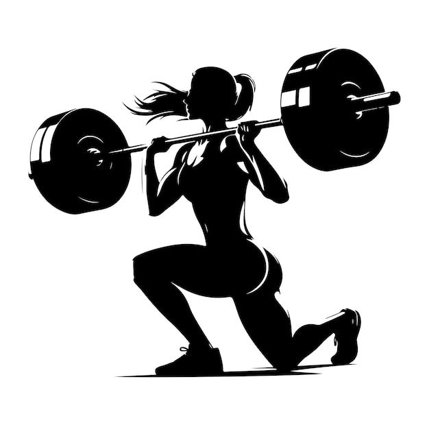 a woman squatting with a barbell in her hand and holding the barbell behind her back