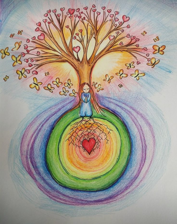 a drawing of a tree with a person sitting on top of it and hearts in the center