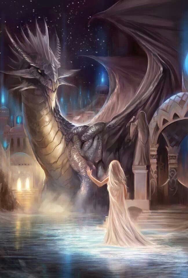 a woman standing next to a dragon in the water