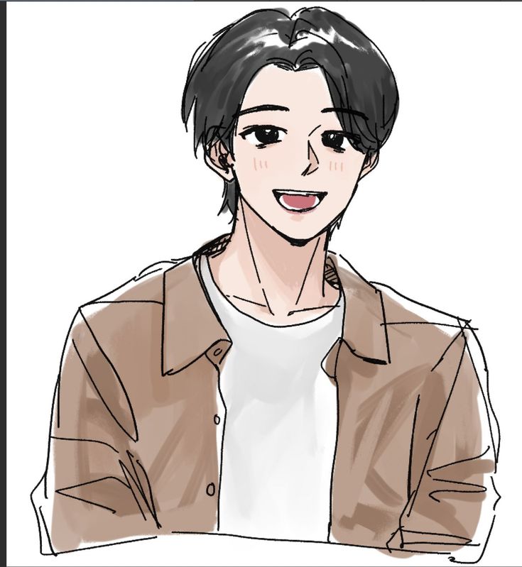 a drawing of a woman with black hair and brown jacket on, smiling at the camera