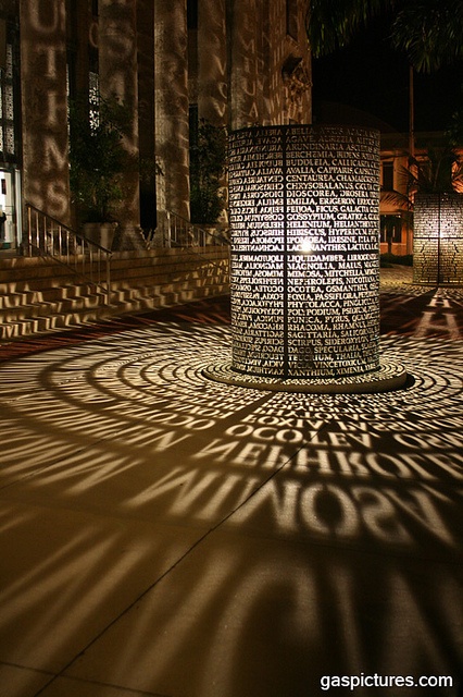 the shadow of an object on the ground in front of a building at night time