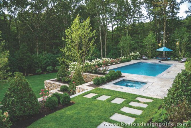 a pool surrounded by lush green grass and trees