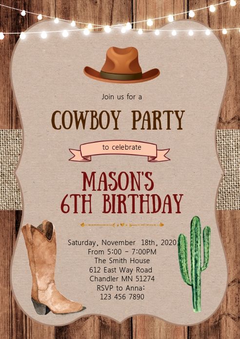 an old western birthday party card with a cowboy hat, boots and string lights on it