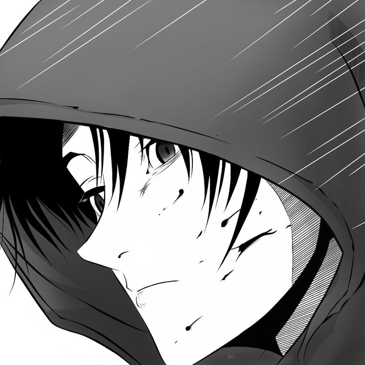 an anime character with black hair wearing a hood