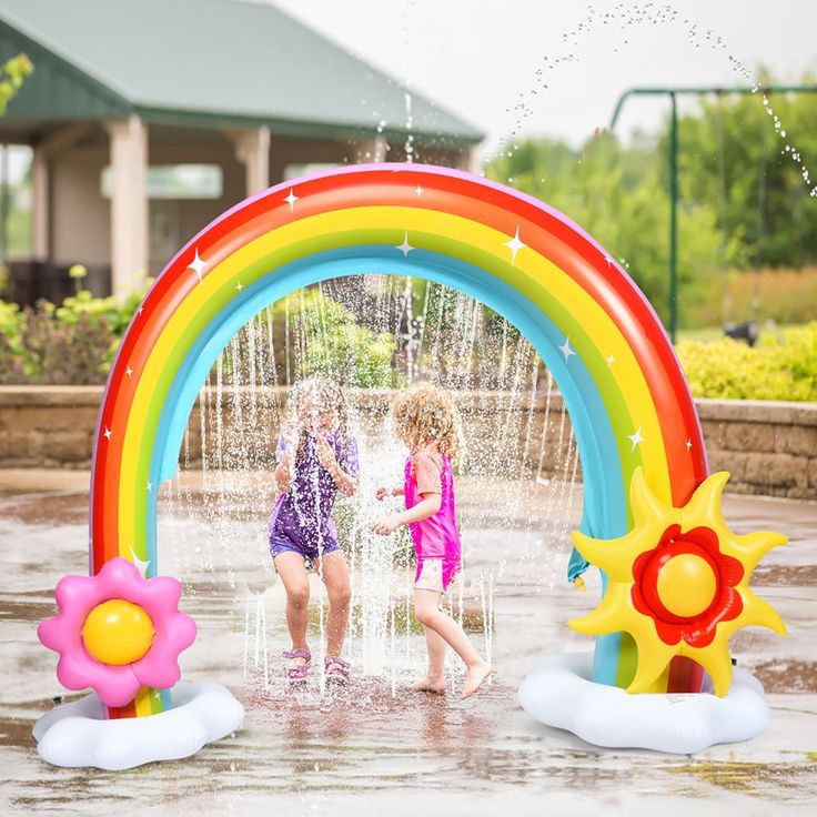 Need an ideal toy for upcoming hot summer? This rainbow water sprinkler will deliver a whole new fun time for exceptional coolness. It is designed with dense water outlets, which can spray water when connected with hose, so as to let kids enjoy summer water fun while no need to go to amusement park. And your family can spend a perfect time in the swimming pool, beach side, backyard lawn, etc. Meanwhile, quick inflation requires less time, and what you need to do is use an air pump to fill the ai Play Sprinklers, Rainbow Water, Yard Party, Water Sprinkler, Toddler Stuff, Outdoor Inflatables, Ideal Toys, Summer Toys, Sprinklers