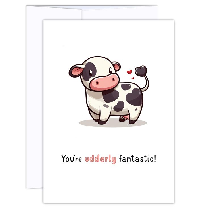 a card with a cartoon cow on it's face and the words you're udderly fantastic