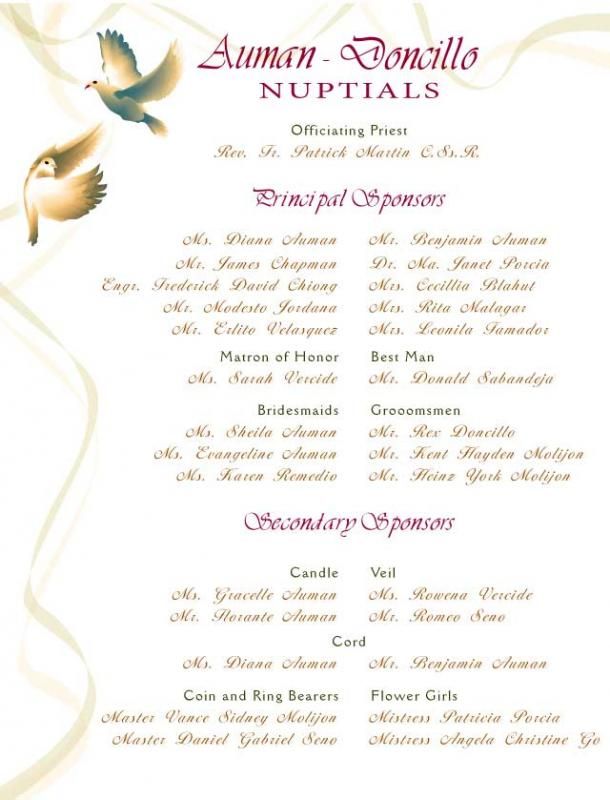 a wedding program with two doves flying over the words, and an ornate design